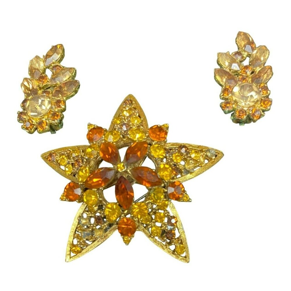 Vintage Gold Tone Austrian Brooch & Clip Earrings Set With Amber and Red Rhinest